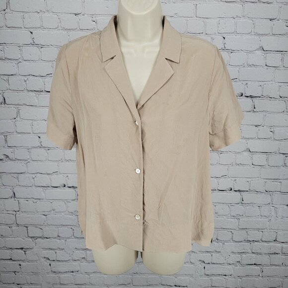 Everlane Beige 100% Silk Buttoned Up Short Sleeve Lightweight Shirt Top Size 6 - Picture 1 of 12